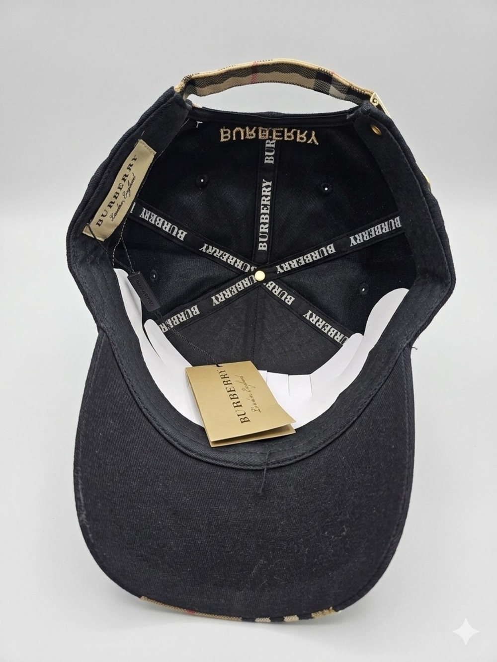 🔥NWT‼️✨ Burberry ✨ Black Baseball Cap Hat with Tan Vintage Check Brim - Unisex - Picture 8 of 14